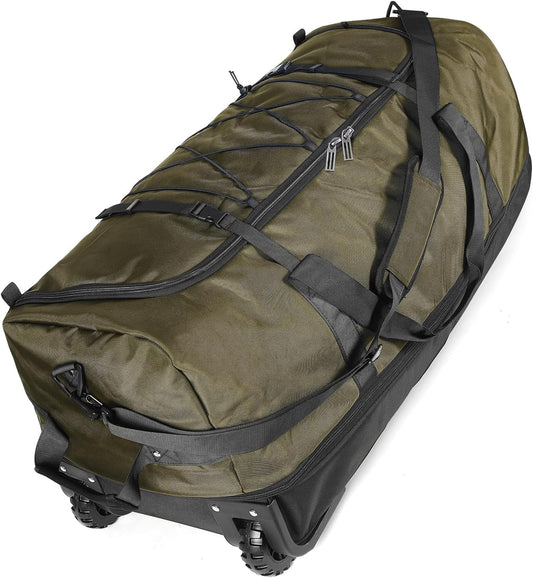110L Expandable to 140L 32” Foldable Oxford Soft-Sided Rolling Duffle Bag with 2 Heavy-Duty Wheels,3 Large Compartments,Adjustable Shoulder Strap and Attached Organizer Pouch,Green