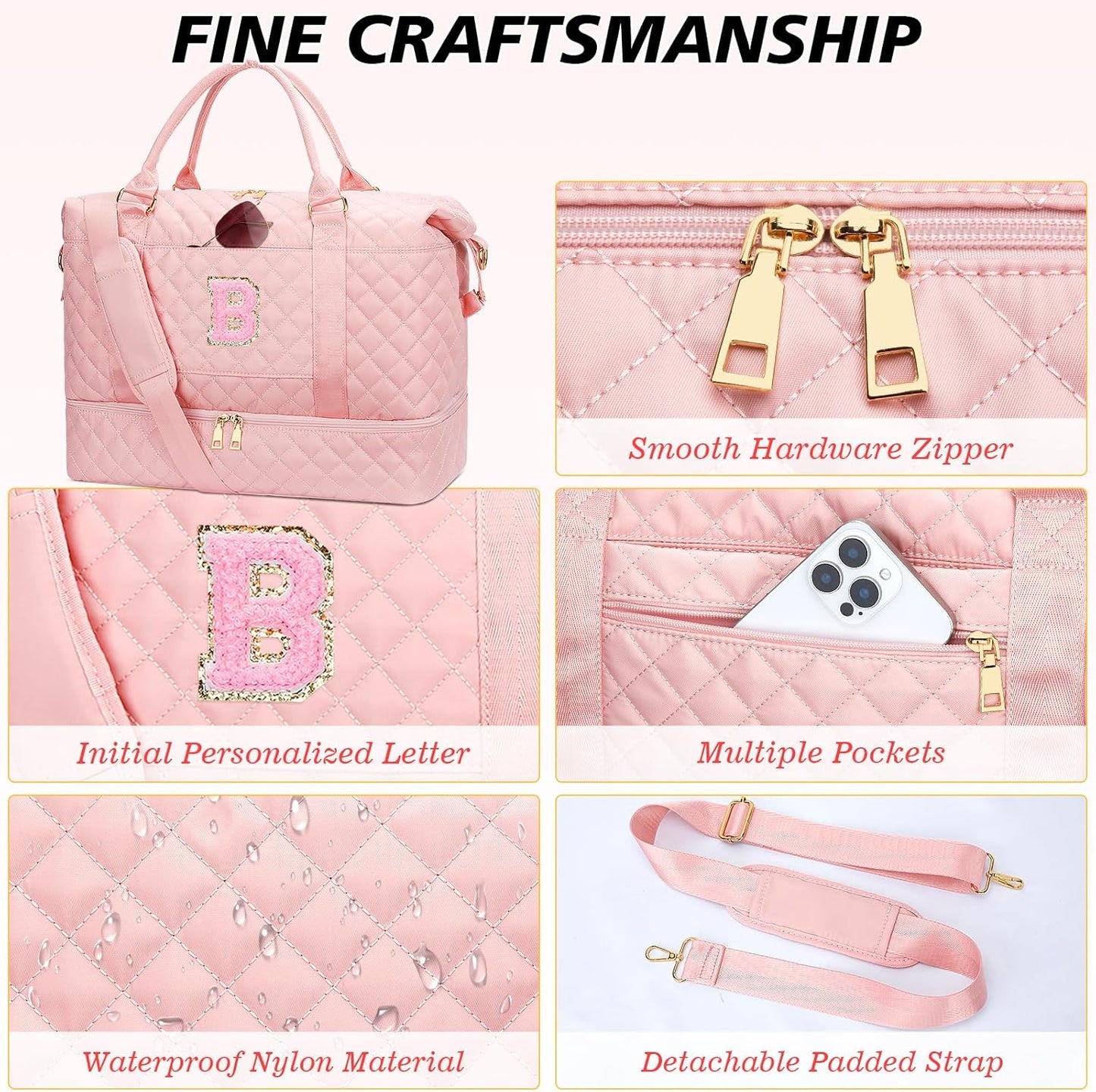 Gifts for Daughter Girls Birthday Christmas Initial Travel Duffle Bag Quilted Weekender Bags Carry-On Overnight with Cosmetic Bag, Gym Bag with Shoe Compartment, Pink-B