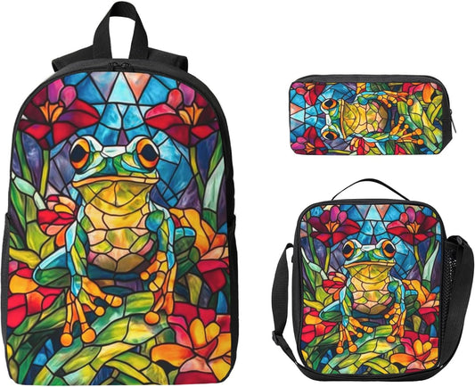 Frog Kid Backpack Set with Lunch Bag & Pencil Case Large Capacity School Bag 17 Inch Bookbag for Boy Girl
