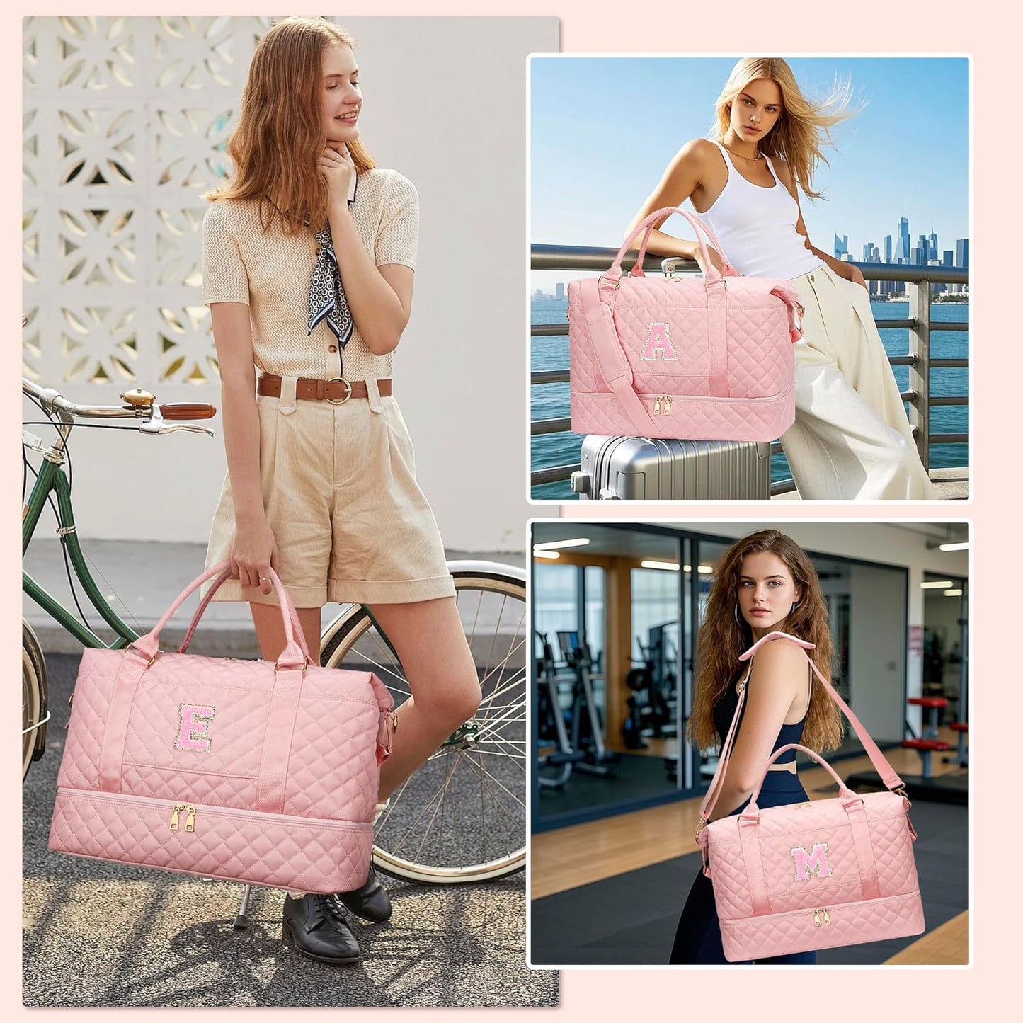 Gifts for Women Girls Initial Travel Duffle Bag Quilted Weekender Carry-On Overnight with Cosmetic Bag, Gym Bag with Shoe Compartment Hospital Bag for Labor Delivery, Pink J