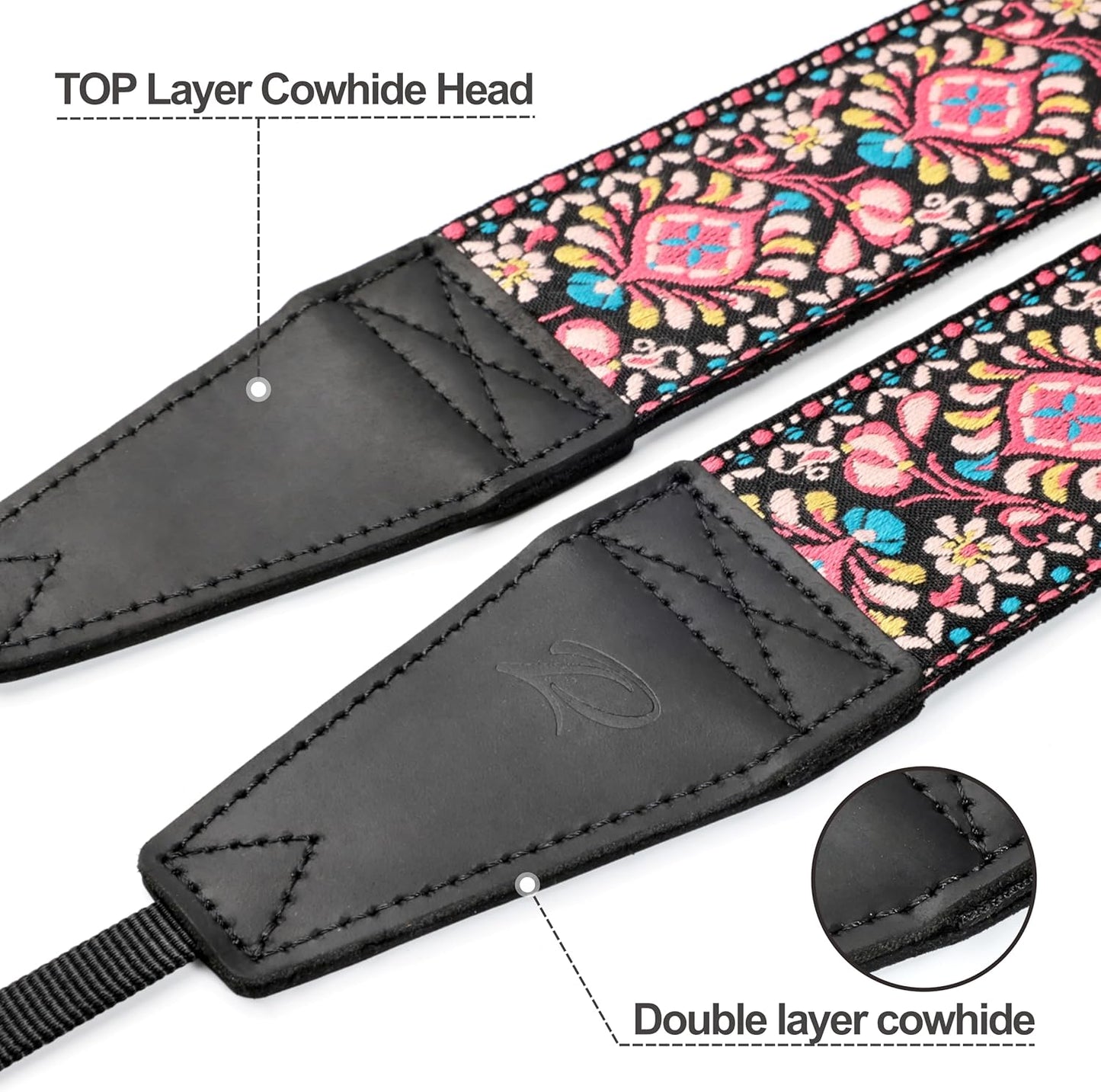 Padwa Lifestyle Pink Flower Camera Strap - 2" Full Grain Leather Ends Camera Straps for Photographers, Vintage Embroidered Cotton Weave Soft Suede Fabric Padded Strap Quick Release fits All Cameras
