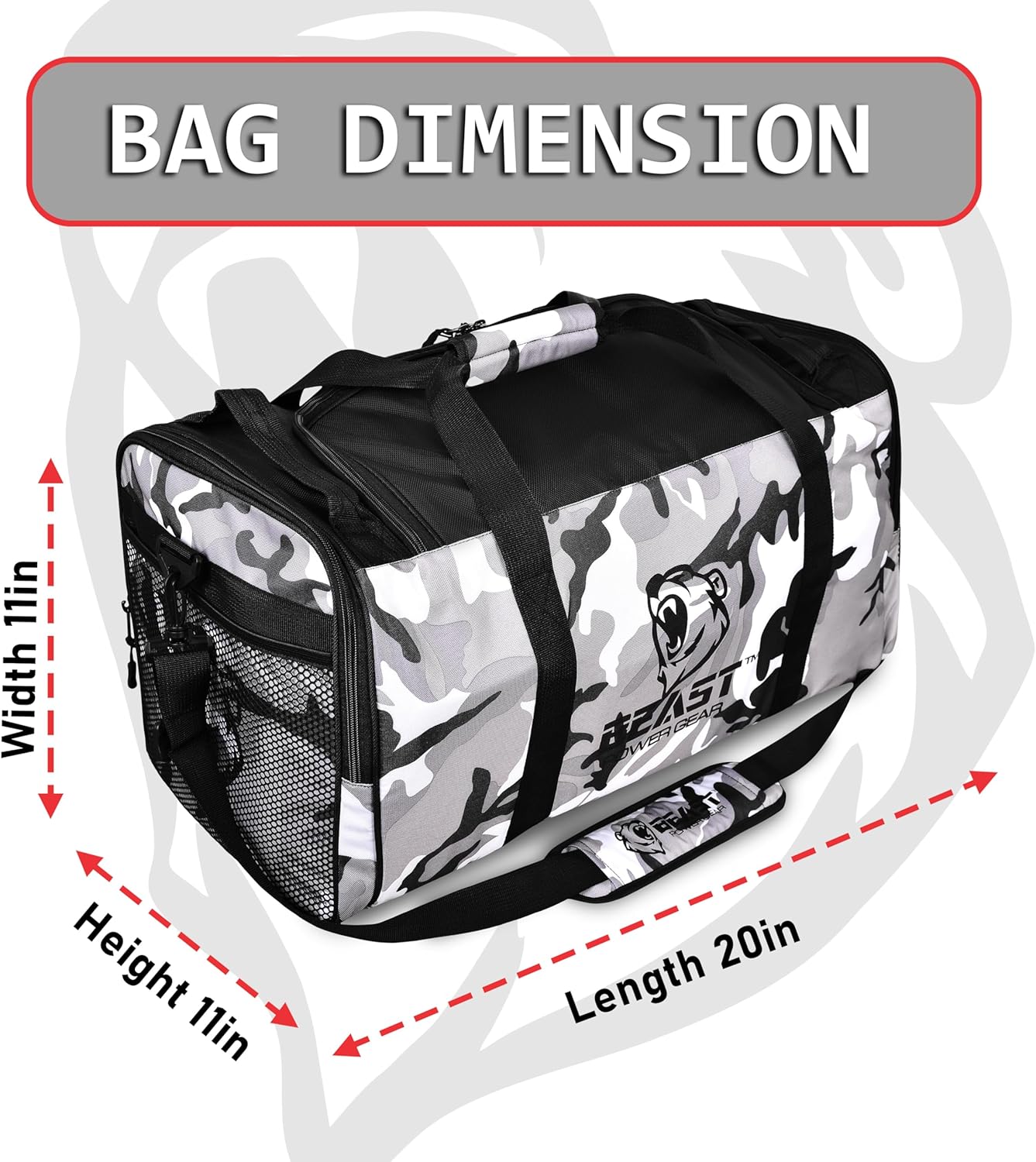 Unisex Duffel Bag Gray Camo, Extra Roomy Waterproof Gym Bag For Women with Shoe Compartment, Sports Bag with Zippered Pockets, Adjustable Strap