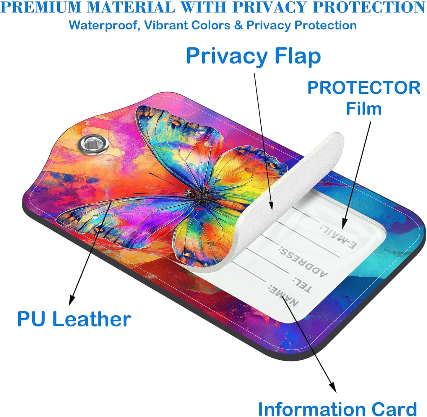2 Pack Colorful Butterfly Luggage Tags PU Leather Suitcase Tags with Stainless Steel Loop Privacy Cover ID Label for Women Men Travel Bag Accessories
