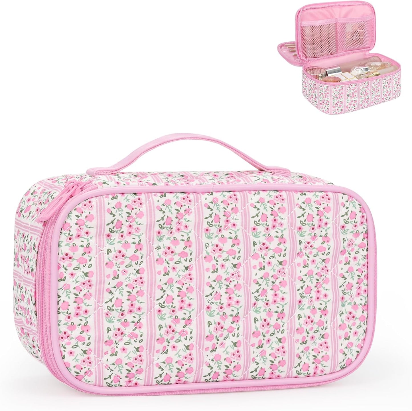 Relavel Cute Makeup Bag for Girls, Portable Pink Cosmetic Bag, Dual-layer Makeup Pouch with Brush Holder, Multi-Functional Preppy Toiletry Organizer for Travel, Daily Use - Pink Flower
