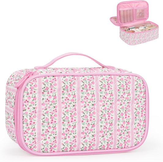 Relavel Cute Makeup Bag for Girls, Portable Pink Cosmetic Bag, Dual-layer Makeup Pouch with Brush Holder, Multi-Functional Preppy Toiletry Organizer for Travel, Daily Use - Pink Flower