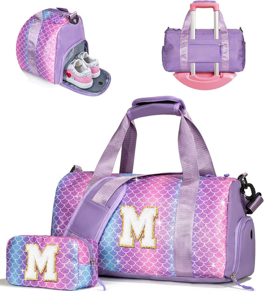 Gifts for 3 4 5 6 7 8 9 10 Year Old Girls-Girl Gym Bag with Shoe Compartment, Kid Personalized Weekender Overnight Bags, Initial Travel Tote with Makeup Pouch, Gift Ideas for Kids (Letter M)