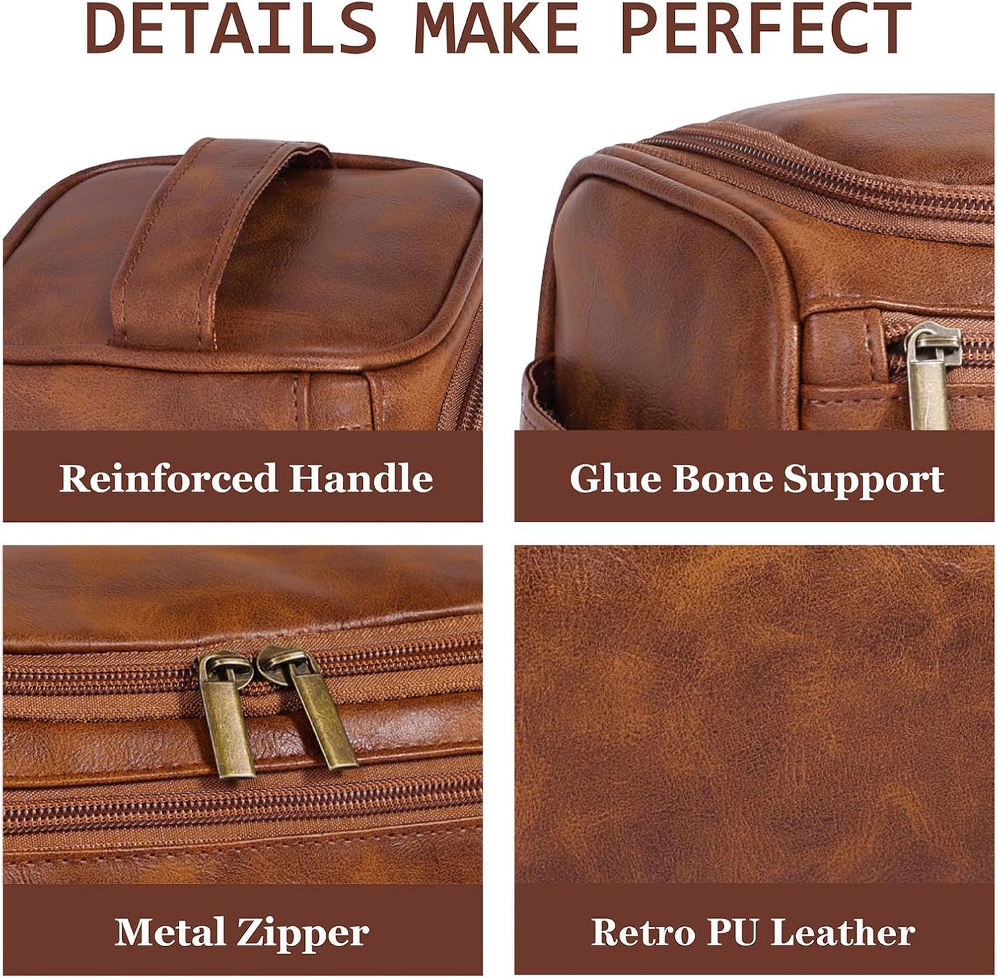 Toiletry Bag for Men, Hanging Travel Shaving Dopp Kit for Men and Women, Water-resistant Toiletries Organizer Bags, PU Leather Cosmetic Bags for Makeup Accessories (Light Brown)