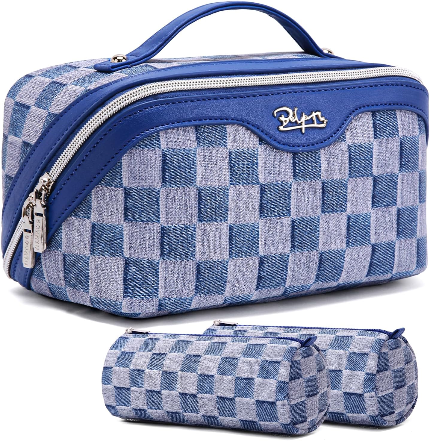 BOYATU Travel Makeup Bag for Women: Large Cosmetic Bag Set of 3 - PU Leather Make up Bag with Compartments - Compact Waterproof Toiletry Bag with Divider & Handle (D-1-Blue)