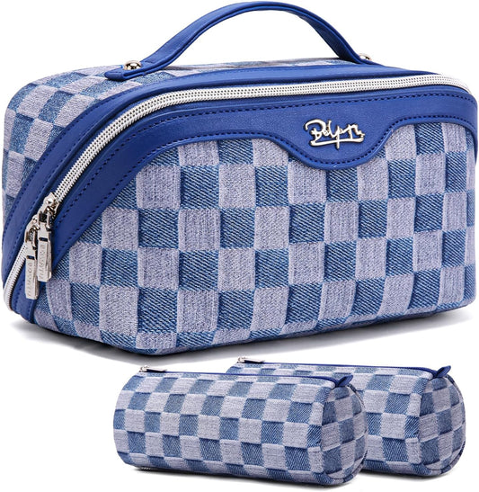 BOYATU Travel Makeup Bag for Women: Large Cosmetic Bag Set of 3 - PU Leather Make up Bag with Compartments - Compact Waterproof Toiletry Bag with Divider & Handle (D-1-Blue)