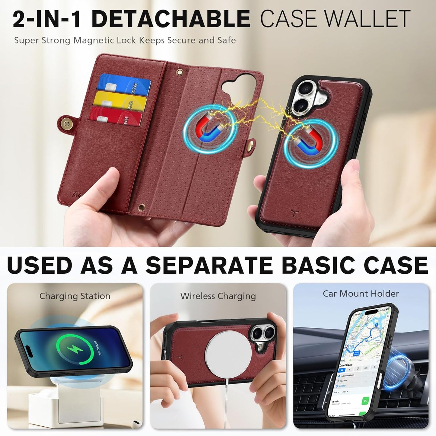 TUCCH Detachable Crossbody Case Wallet for iPhone 17 (6.3"), Wireless Charging | RFID Blocking 9 Card Holders | Lanyard | Wrist Strap | Stand | Zipper Pocket | PU Leather | Magnetic Cover | Dark Red