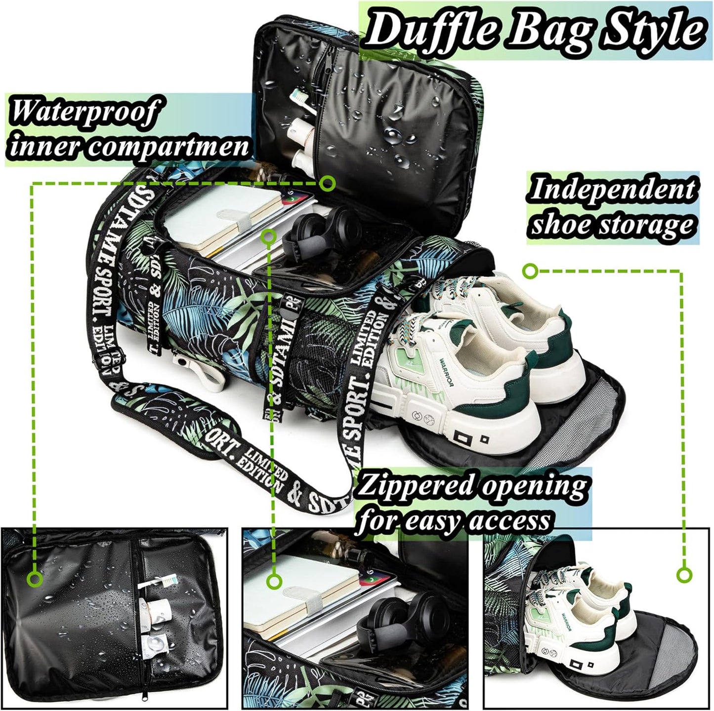 Gym Duffle Bag Backpack with Shoe Compartment,4 ways Travel Backpack for Women and Men,Multi-Functional Weekender bag with Waterproof Layer&Laptop Compartment for Fitness, Travel,Camping