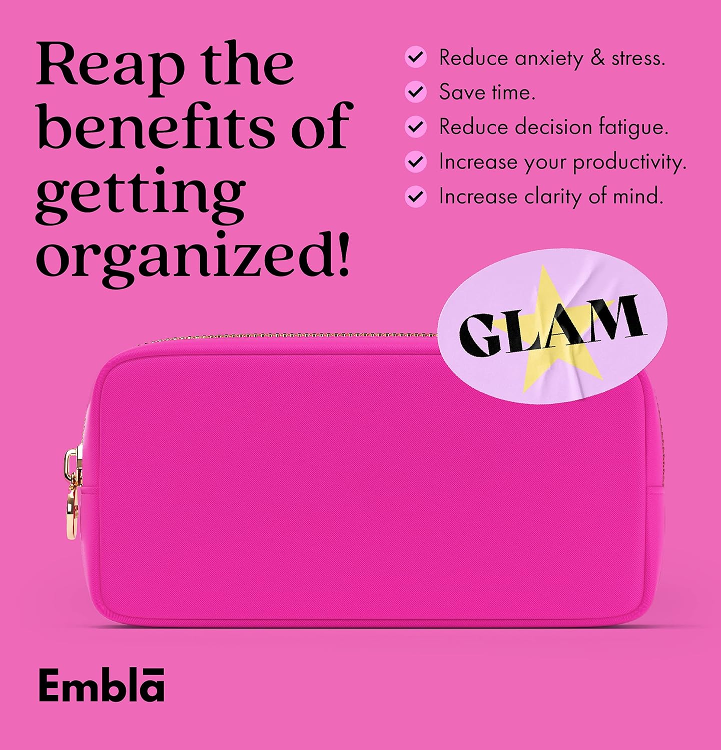 Embla Makeup Bag Travel Cosmetics Pouch and Toiletry Bag, Nylon Zipper Pouch Purse, Cute Make Up Organizer Storage Tote for Women Girls, Waterproof Travel Skincare Case, Small Makeup Bags, Fuchsia