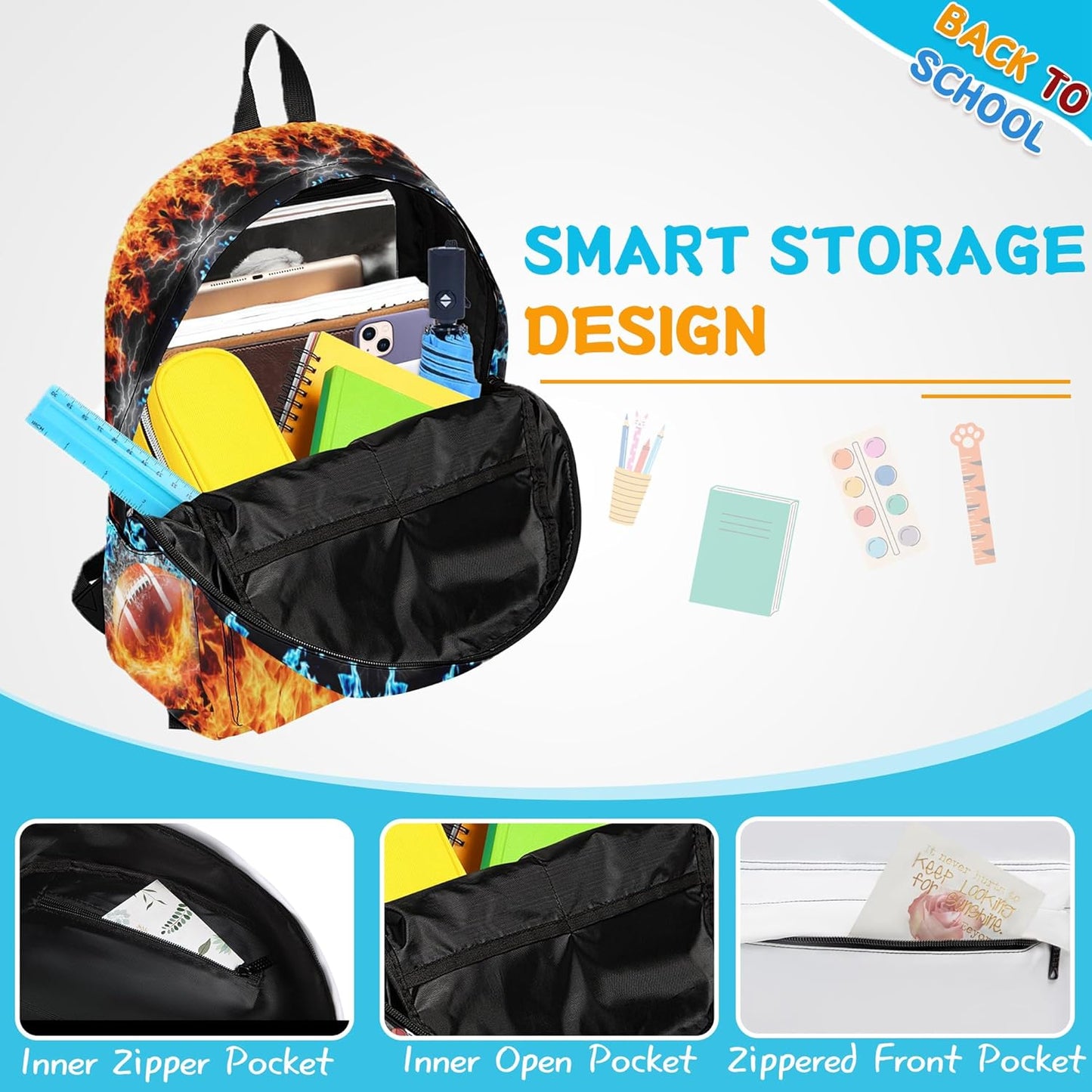 3PCS Football Backpack Set for Boys, Large Lightweight 17 Inch Backpack with Lunch Bag & Pencil Case for Kids, Back to School Cool Sports Bookbag for Elementary Middle School - Fire