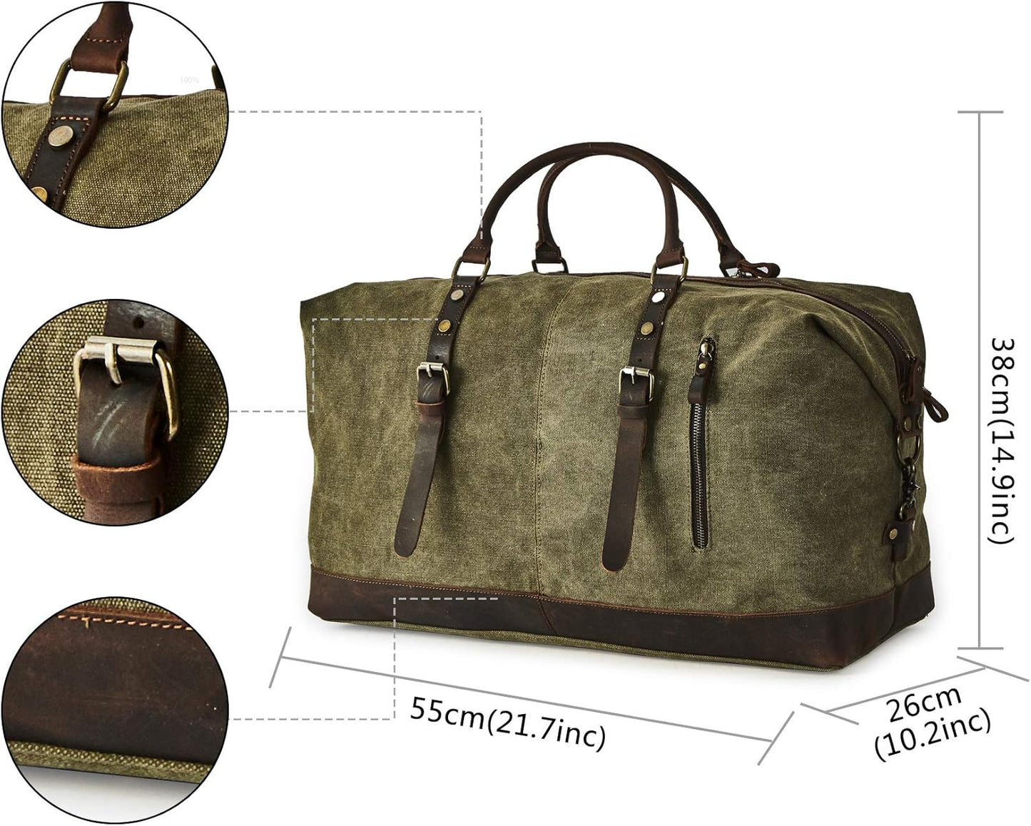 Oversized Canvas Genuine Leather Trim Travel Tote Duffel Shoulder Weekend Bag Weekender Overnight Carryon Handbag