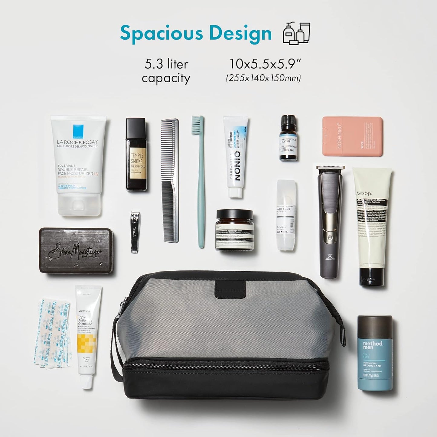 Aberlite Traveler Toiletry Bag for Men - Water Resistant Traveling Dopp Kit - Travel Pouches Organizer - Travel Bathroom Bag (Grey) (Medium Size - 5.3 Liters)