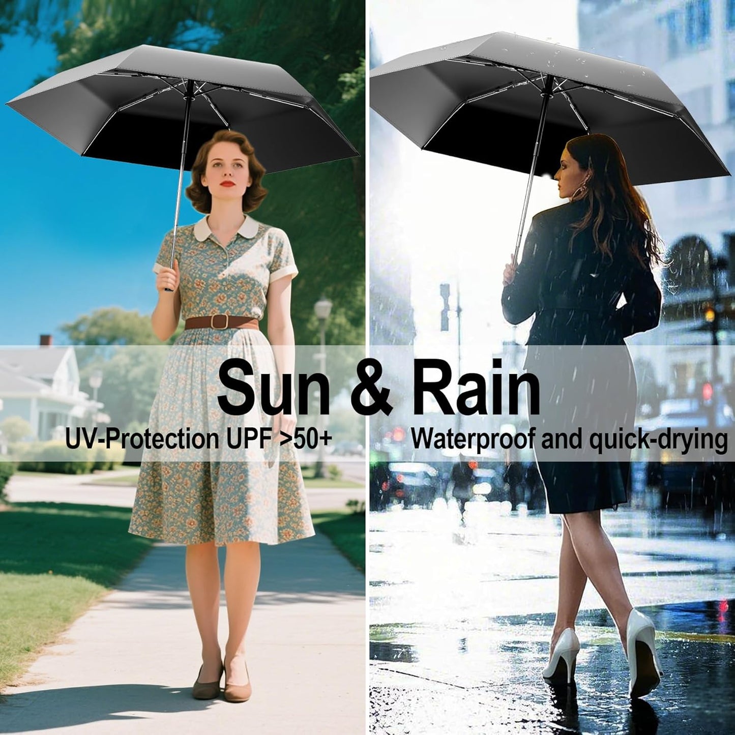 Automatic Mini Travel Windproof Folding Umbrella - UV Protection, Instant Open/Close for Rain/Sun, Small Compact Lightweight Design Fits in Tote Bag/Travel Case/Backpack for Commute, Women & Men