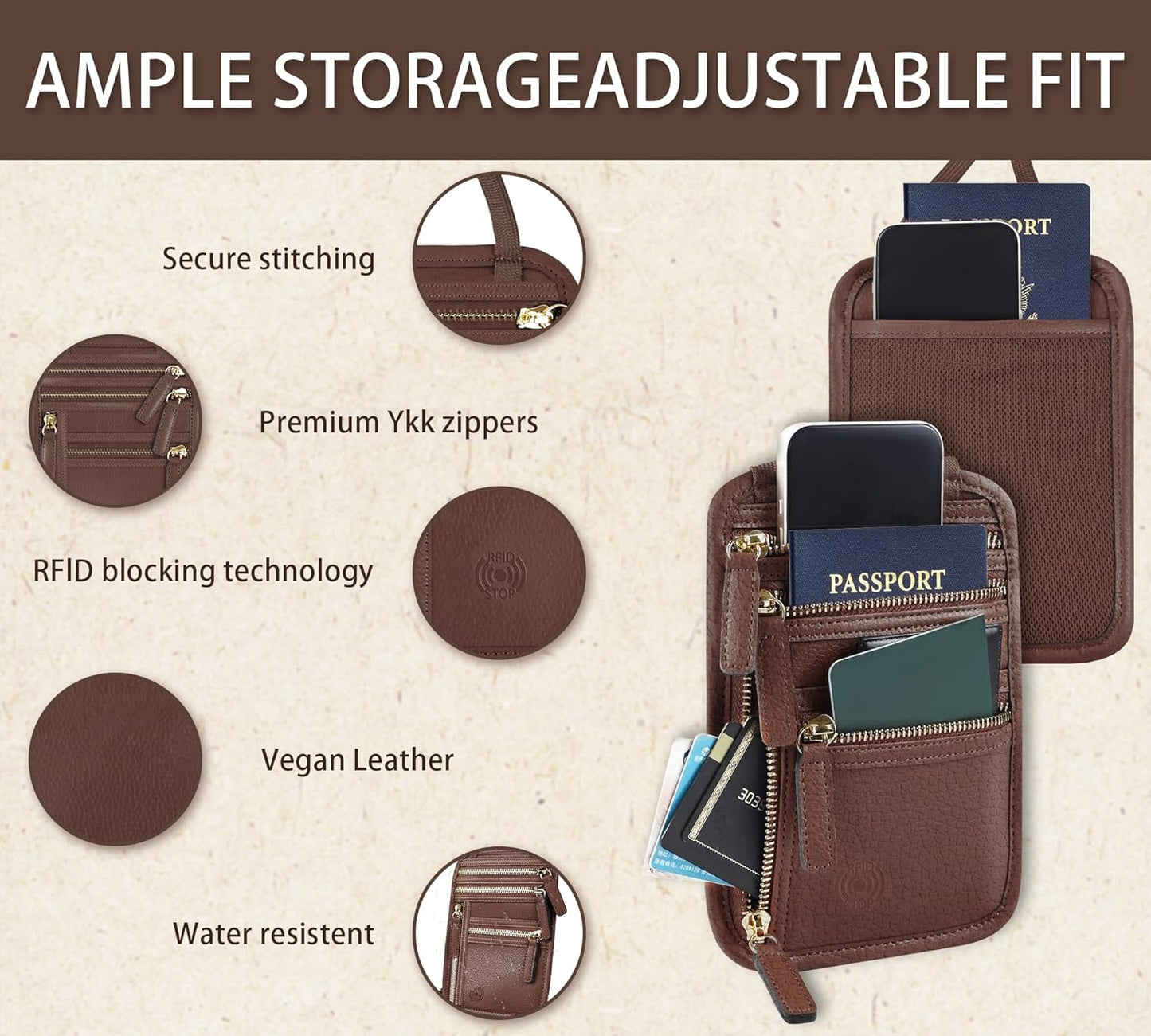 Neck Wallet,Rfid Blocking Passport Holder,Leather Passport Holder For Travel,Neck Wallet For Traveling Women,Travel Pouches Under Clothes(Brown)