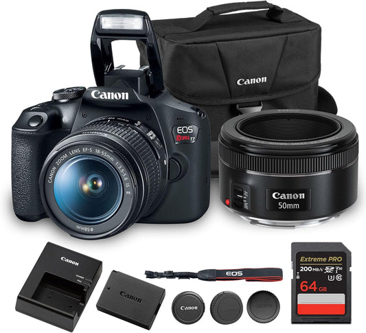 Canon EOS Rebel T7 DSLR Camera Kit | 24.1MP APS-C Sensor with EF-S 18-55mm Lens | Full HD 1080p Video Compact Beginner-Friendly Photography (2727C002) + Canon 50mm Lens + Bag + 64GB Card