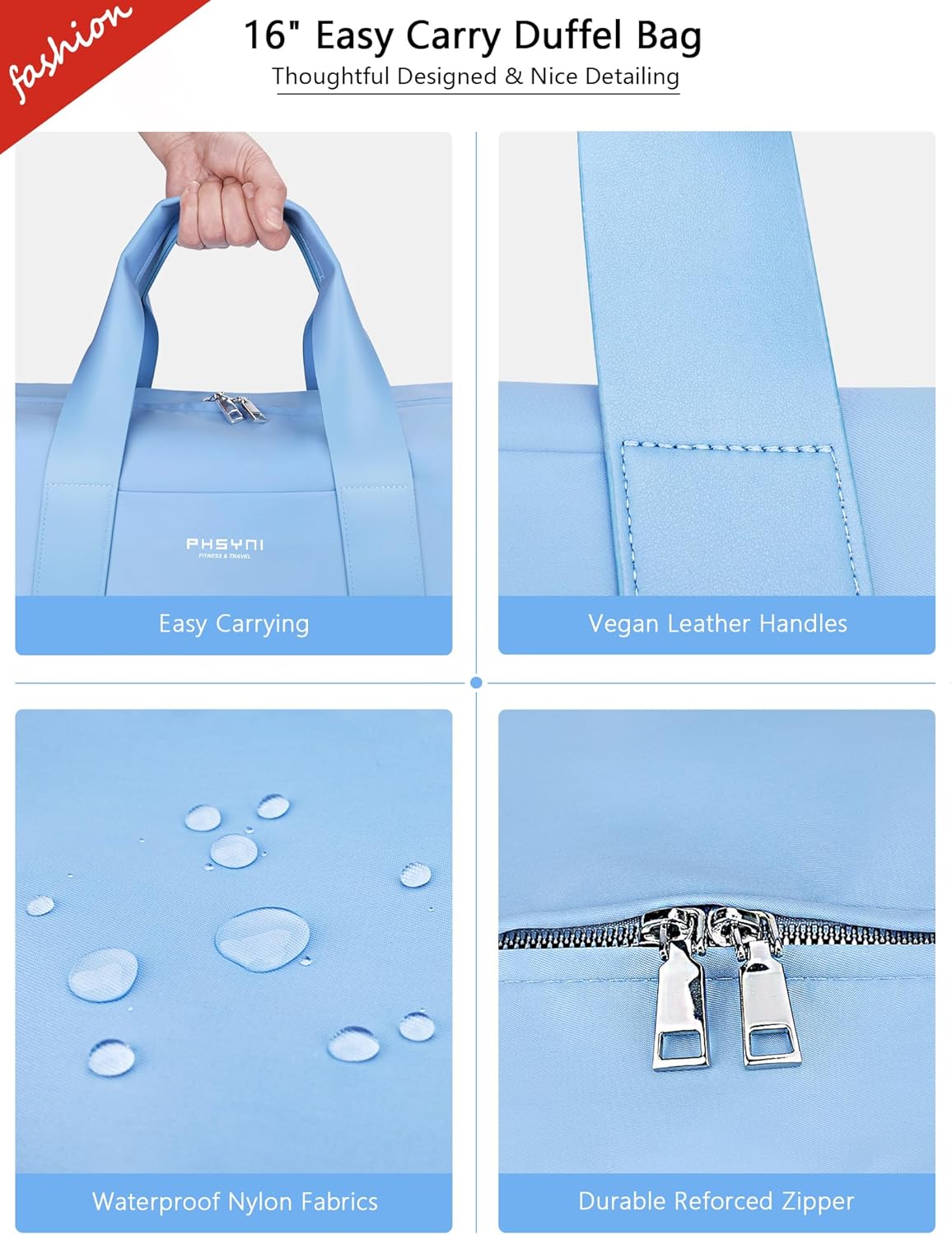 Compact Sports Gym Bag for Women, Cute Mini Duffle Bag with Wet Pocket & Shoes Compartment, Personal Item Travel Workout Bag, 16"- Small, Sky Blue