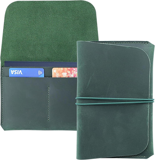 Leather Passport Holder with Travel Wallet, Genuine Leather Passport Cover- Passport Wallet, Leather Folding Wallet for Passports (Strap, Green)