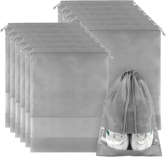 12 Pack Large Shoe Bags for Packing with Clear Window, Dustproof Drawstring Travel Shoe Storage Bags for Men & Women, Gray