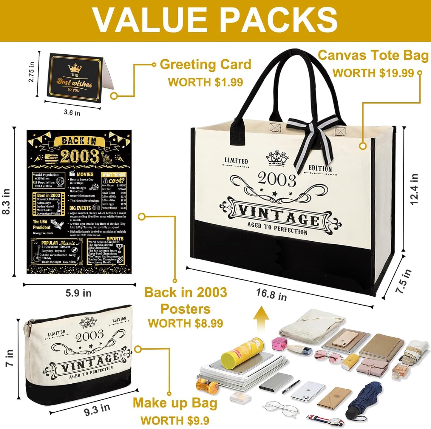 YeohJoy 22nd Birthday Gifts for Her Canvas Tote Bag Travel Gear, Unique 22 Years Old Birthday Gifts for Girlfriend Sister Friends Women,Vintage 2003 Handbag & Cosmetic Bag & Back in 2003 Poster