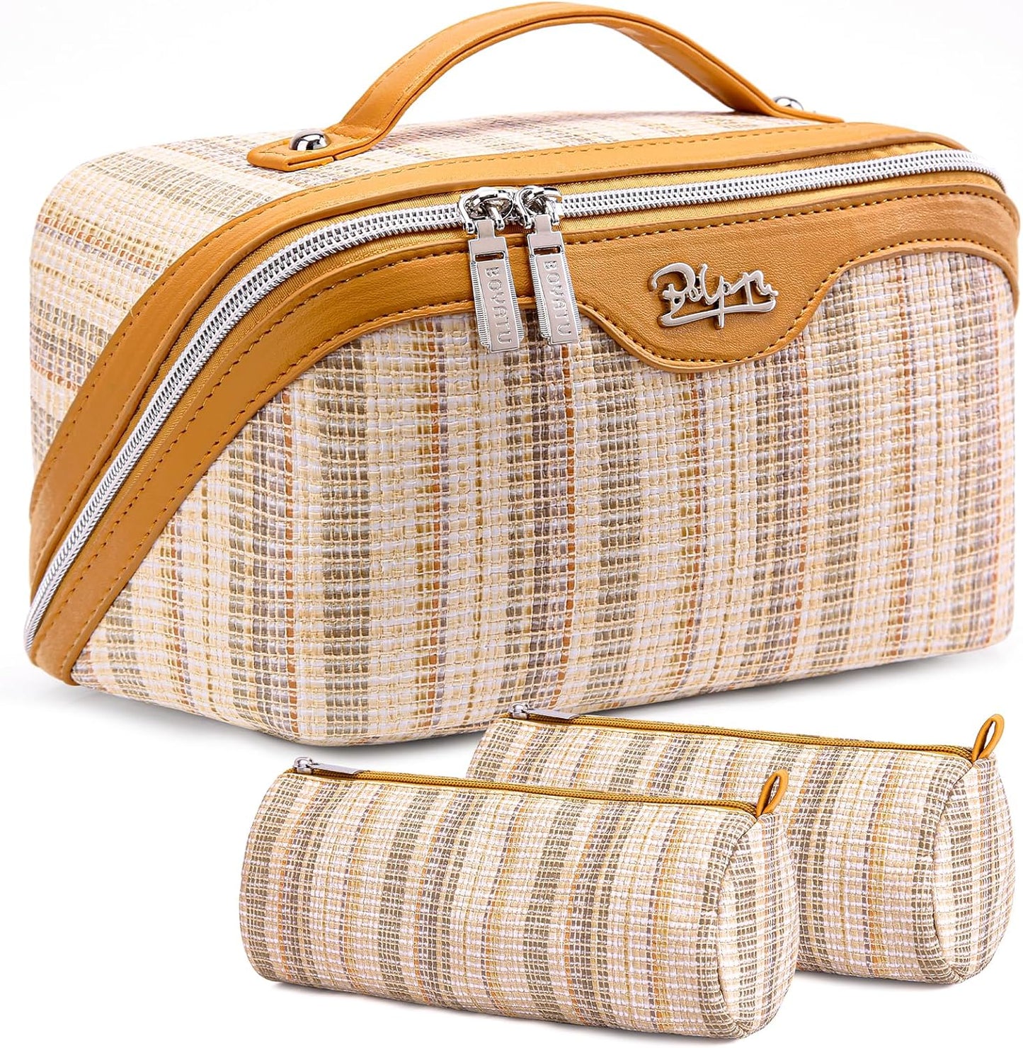 BOYATU Travel Makeup Bag for Women: Large Capacity Open Flat Make up Bag Set of 3 - Vegan Leather Cosmetic Bag with Compartments - Waterproof Toiletry Bag with Handle & Divider(I-4-Gold)