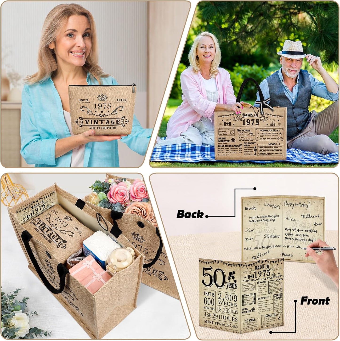 YeohJoy 50th Birthday Gifts for Women Jute Tote Bag, Vintage 1975 Burlap Bag with Cosmetic Bag and Back in 1975 Poster, Unique 50 Years Old Gifts for Mom Friends Wife Sister Her