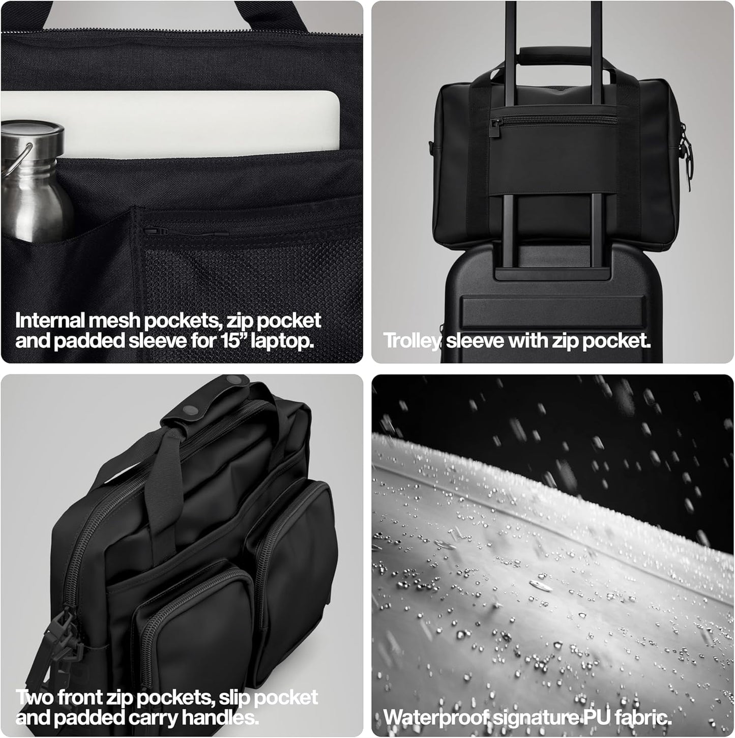 RAINS Texel Tech Bag - Black Waterproof Water Resistant Water Repellent Laptop Bag Unisex Commuter Travel Case 15" Computer Sleeve Tech Organizer - 2 Year Warranty