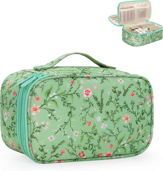 Small Makeup Bag, Travel Floral Cosmetic Bag with Makeup Brush Compartment, Portable Makeup Pouch for Women, Double Layer Makeup Organizer Bag Cute Toiletry Bag, Green Floral