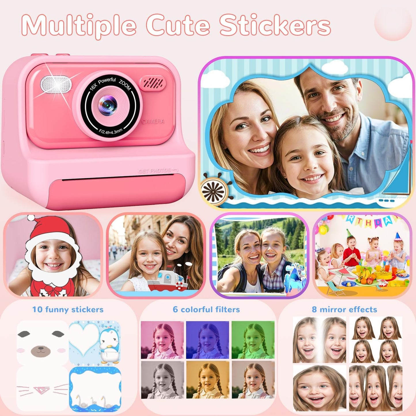 Instant Print Camera for Kids,2.4 Inch Screen Kids Digital Cameras, Christmas Birthday Gifts for Girls Age 3-12, Portable Toddler Travel Toy for 3 4 5 6 7 8 9 10 Year Old Girls Boys