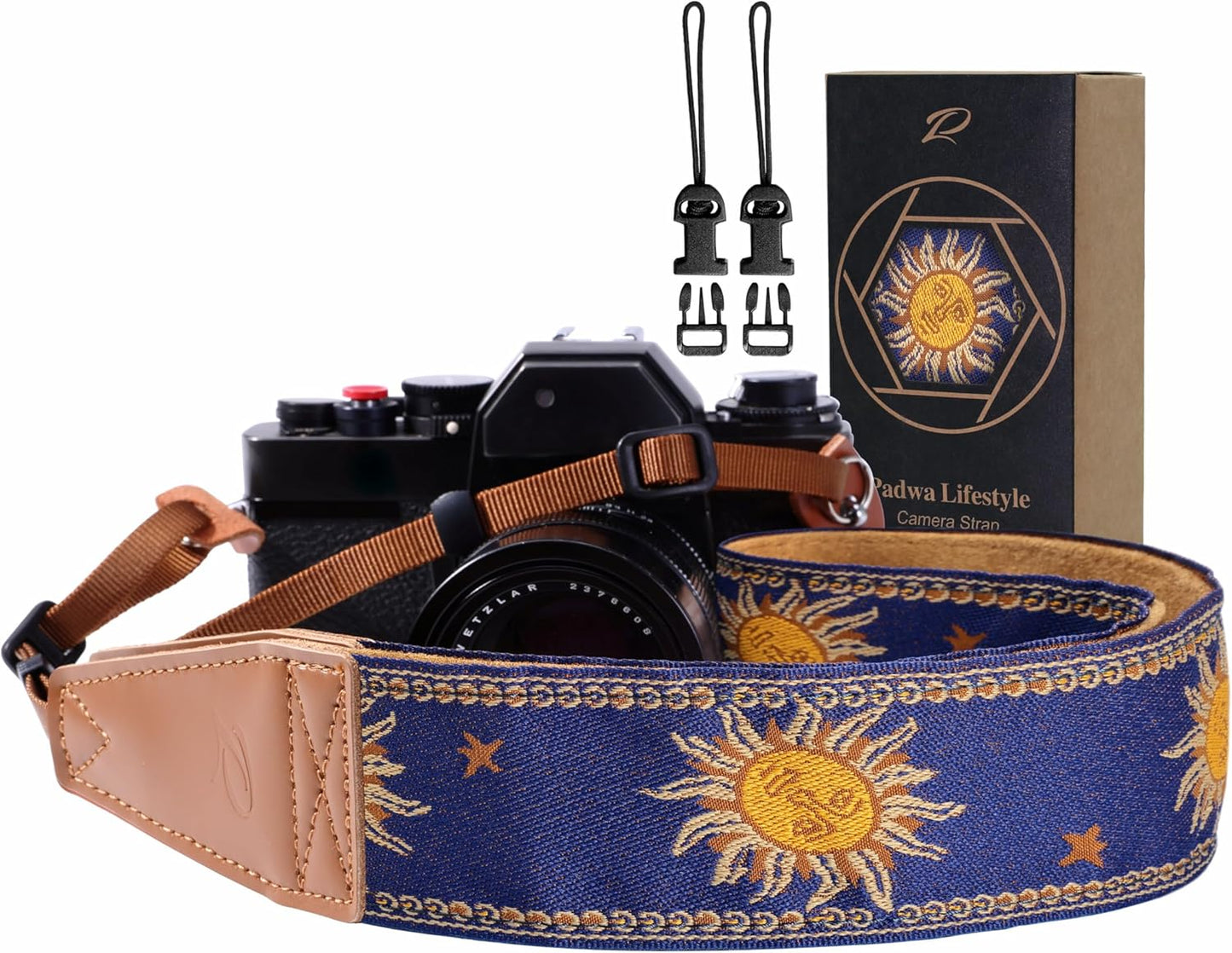 Padwa Lifestyle Sun God Camera Strap - 2" Full Grain Leather Ends, Vintage Sun Face Camera Straps for Photographers, Soft Chamois Velvet Padded Strap Quick Release fits All Cameras