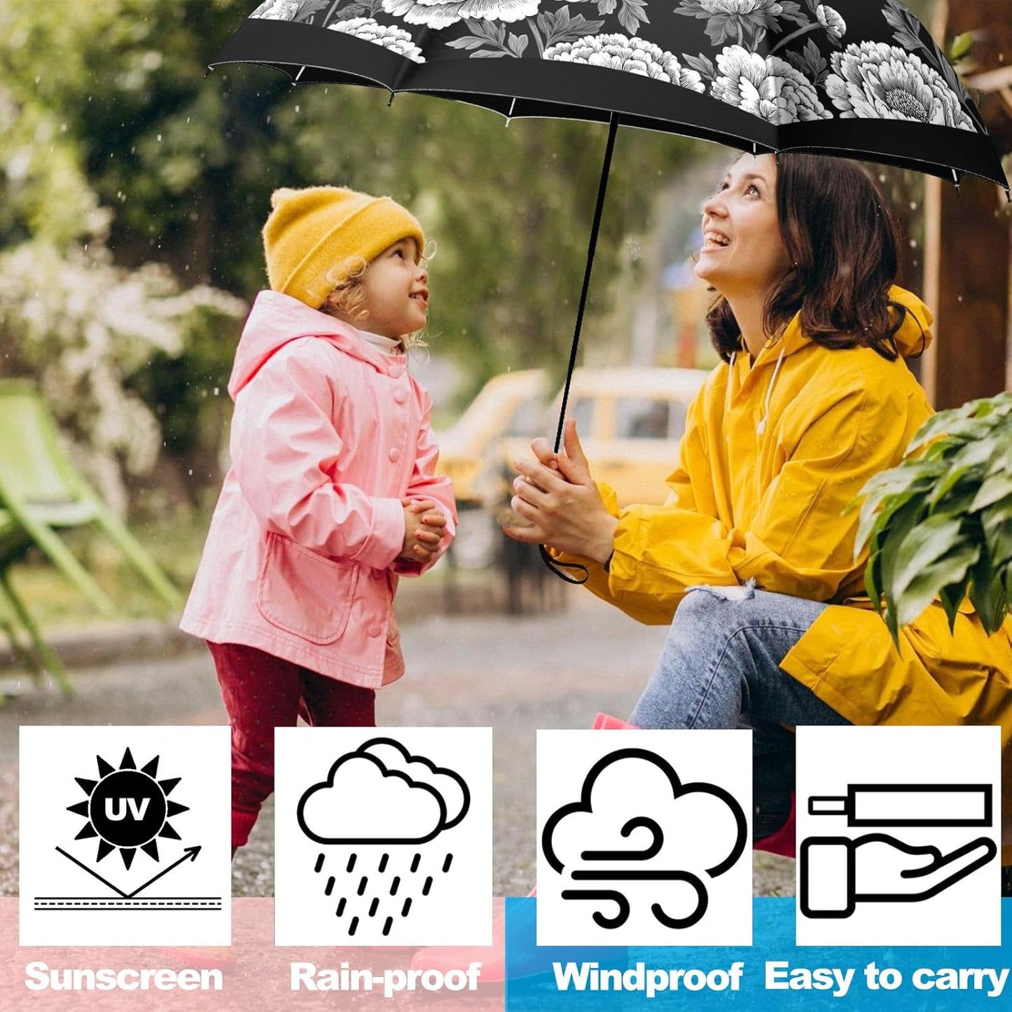Small Travel Folding Umbrella for Girl, Portable, UV, SunShade, Compact, Automatic, Rain & Wind