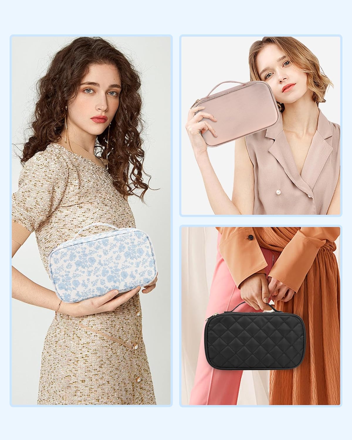 Relavel Travel Makeup Bag, Small Floral Cosmetic Bag with Makeup Brush Compartment, Portable Makeup Pouch for Women, Double Layer Makeup Organizer Bag Cute Toiletry Bag