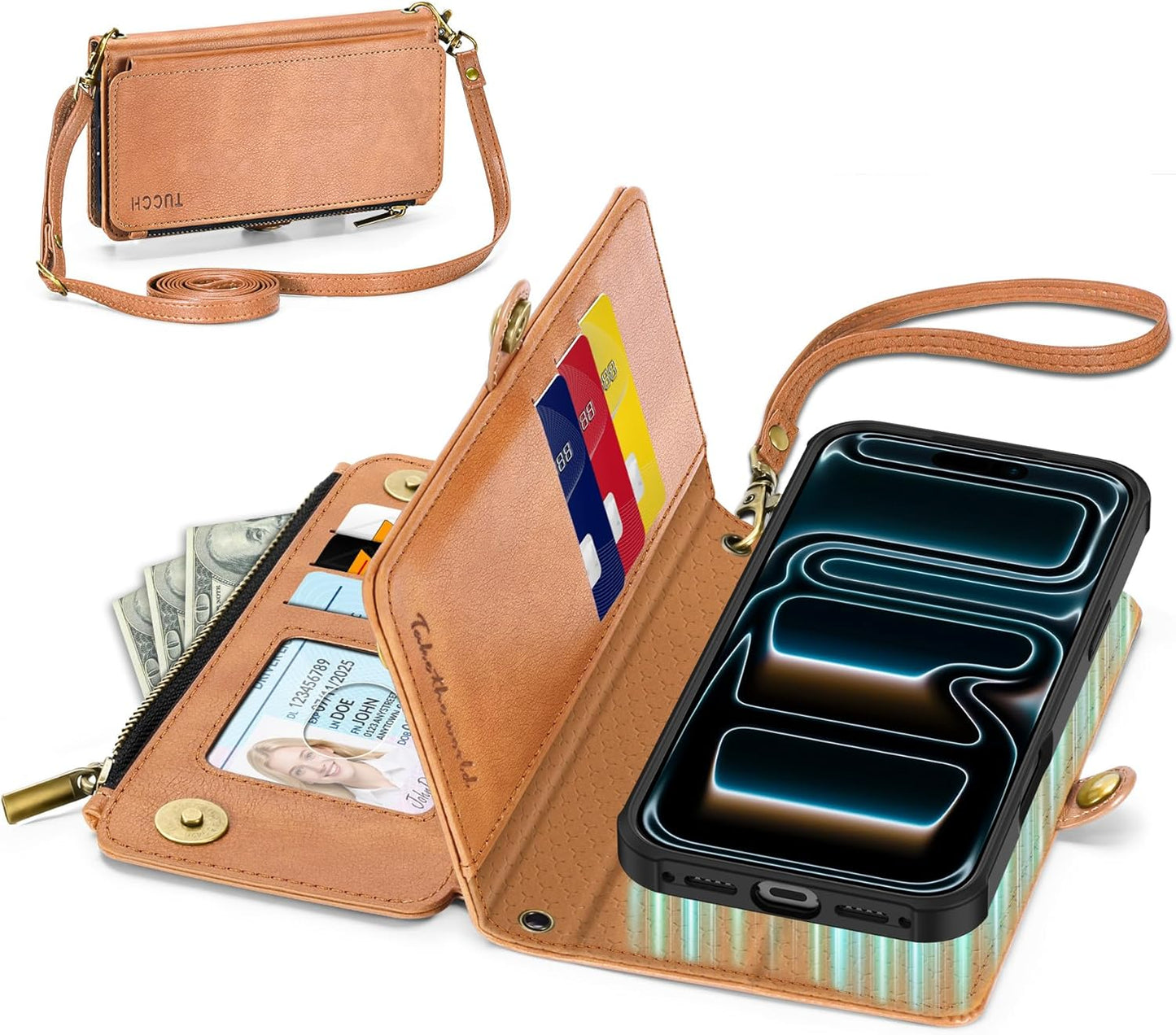 TUCCH Removable Crossbody Case Wallet for iPhone 17 Pro (6.3") 2025, Wireless Charging, RFID Blocking 9 Card Slots, Lanyard, Wrist Strap, Zipper Pocket, PU Leather, Stand Magnetic Cover, Light Brown