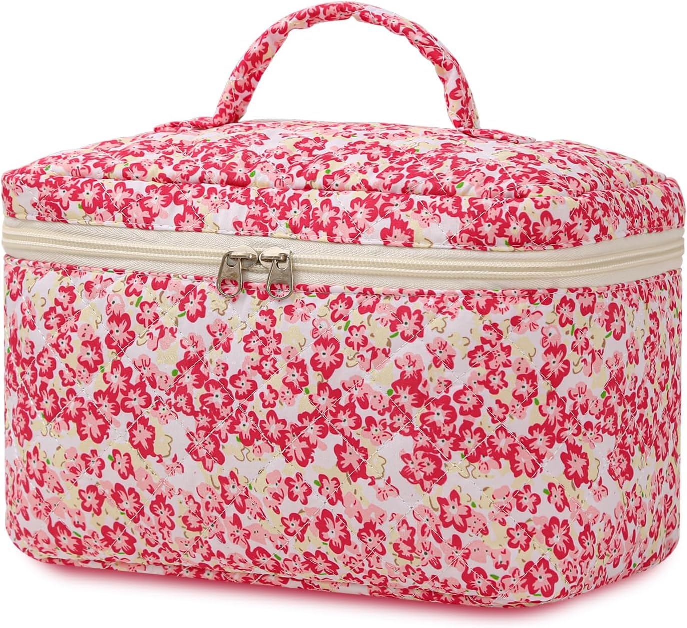 Large Travel Quilted Makeup Bag for Women Girls, Floral Cosmetic Bag, Cute Coquette Aesthetic Flowers Toiletry Organizer Bag Red Flower