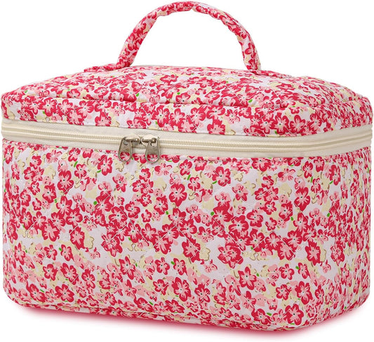 Large Travel Quilted Makeup Bag for Women Girls, Floral Cosmetic Bag, Cute Coquette Aesthetic Flowers Toiletry Organizer Bag Red Flower