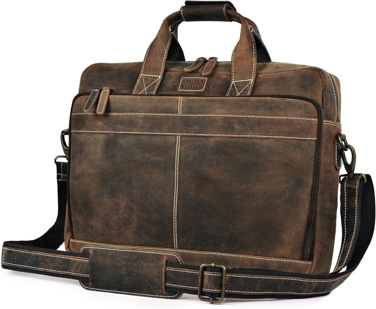 LEATHER VILLAGE 16" Leather Laptop Messenger Briefcase Bag for Men-Leather Satchel for Travel and Office Shoulder Bag- Rustic Brown