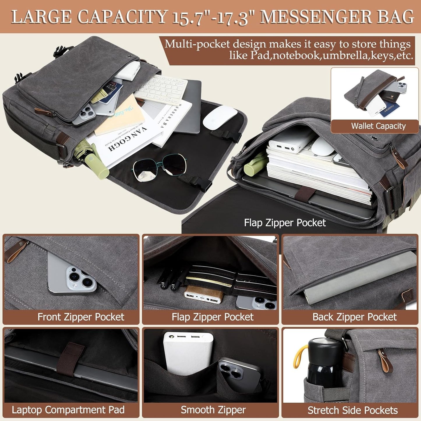 17.3 Inch Messenger Bag for Men: 2PCS Laptop Bag PU Leather Canvas Work Briefcase Large Office