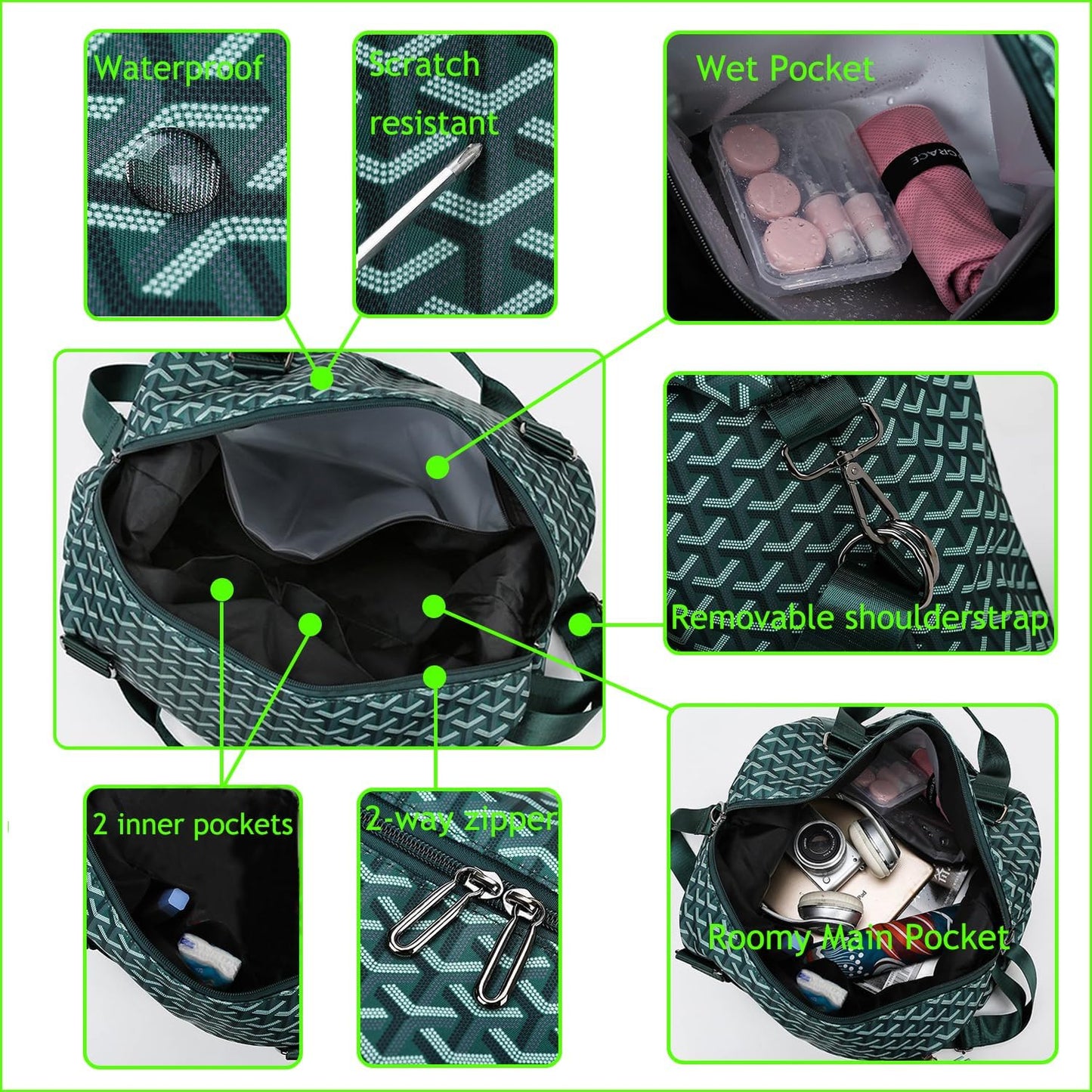 Sports Duffel Bag Travel Bag Weekender Bag Overnight Duffel Bag Gym Bag With Wet Pocket Green