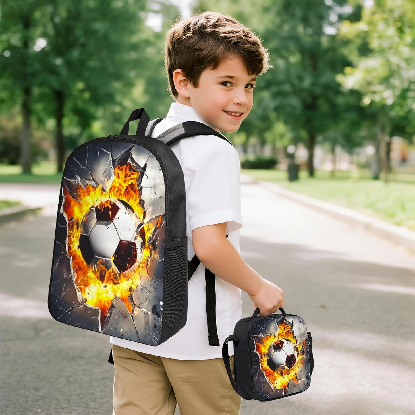 Soccer Kid Backpack Set with Lunch Bag & Pencil Case Large Capacity School Bag 17 Inch Bookbag for Boy Girl