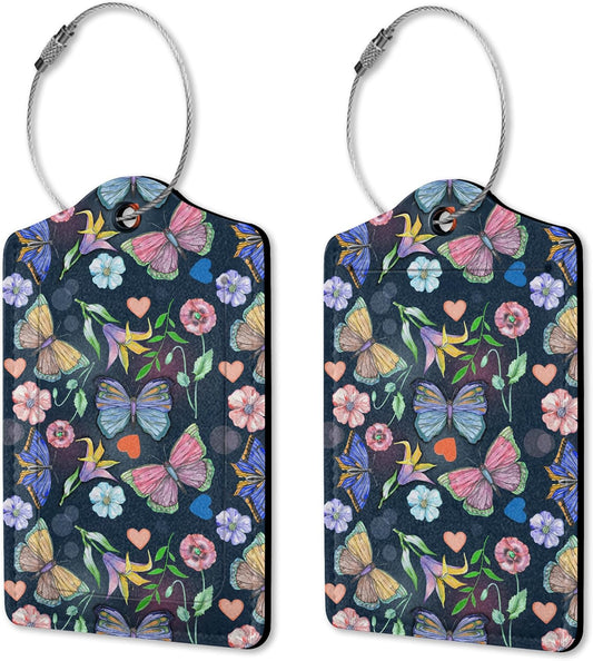 2 Pack Butterfly Flower Weeds Luggage Tag for Suitcases,PU Leather Bag Travel Suitcase ID Identifier Baggage Tags for Women Men Travel