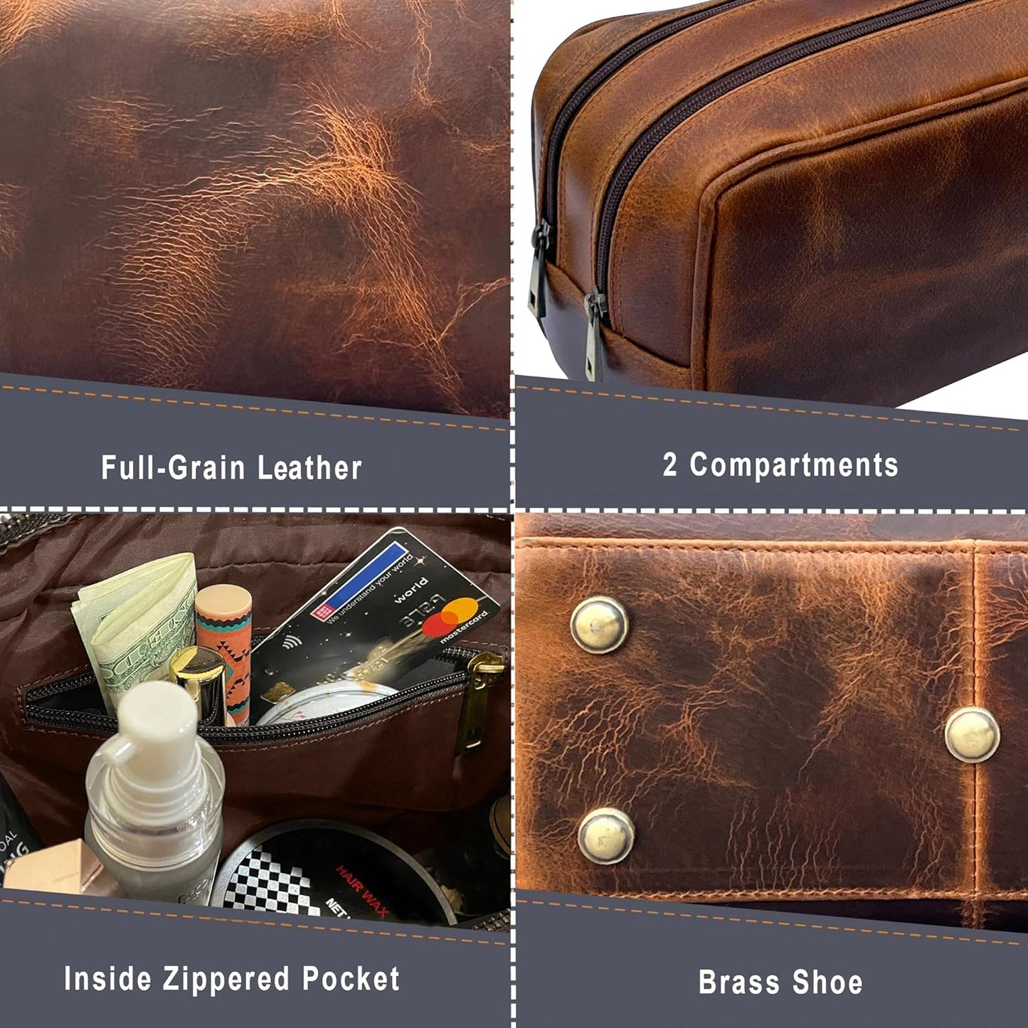 RUSTIC TOWN Leather Toiletry Bag for Men - Travel Shaving Ditty Kit - Bathroom Shower Toiletries Organizer - Leather Cosmetic Bag for Women (Antique Brown)