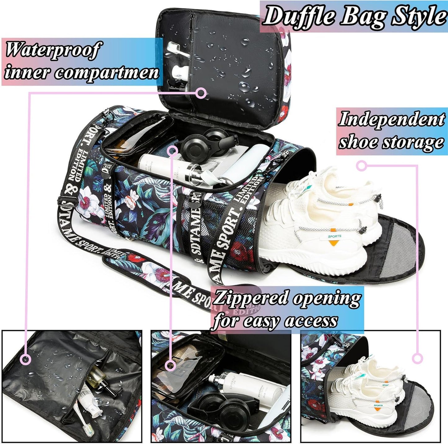 Gym Duffle Bag Backpack with Shoe Compartment,4 ways Travel Backpack for Women and Men,Multi-Functional Weekender bag with Waterproof Layer&Laptop Compartment for Fitness, Travel,Camping