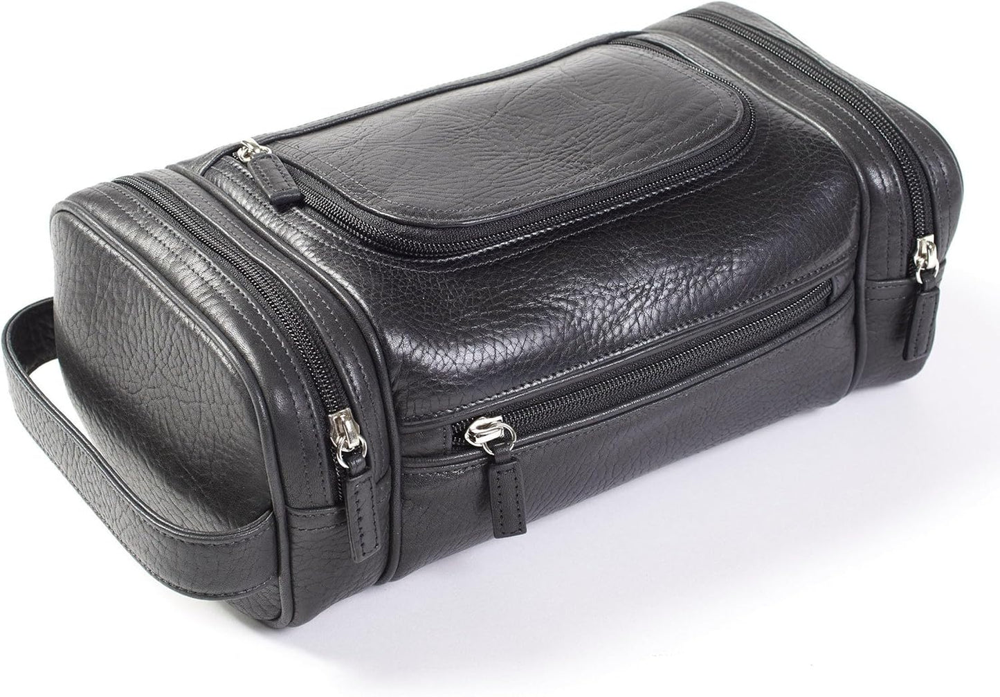 Leatherology Premium Ebony Multi Pocket Toiletry Bag - Main top zippered compartment with additional side and front zippered pockets