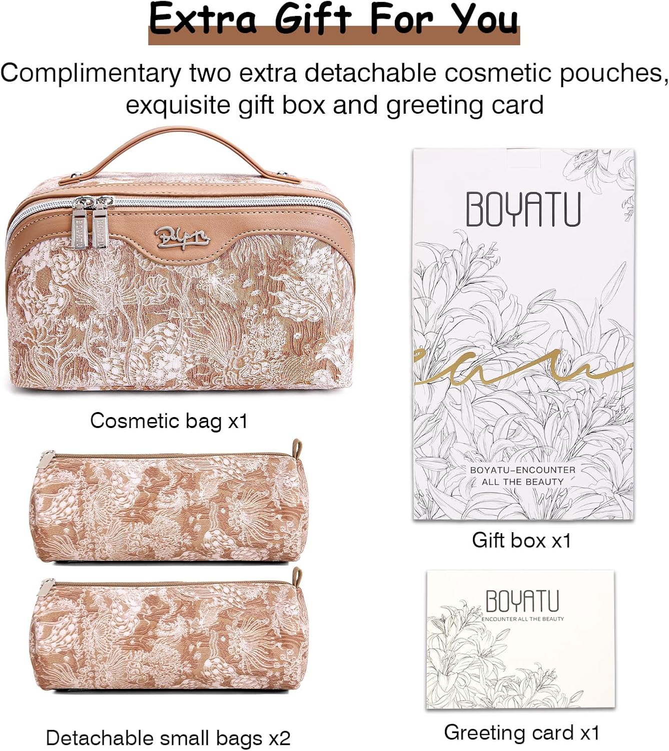 BOYATU Travel Makeup Bag for Women: Large Capacity Make up Bag with Compartments - Vegan Leather Cosmetic Bag set of 3 - Waterproof Toiletry Bag with Handle & Divider(E-5-Orange)