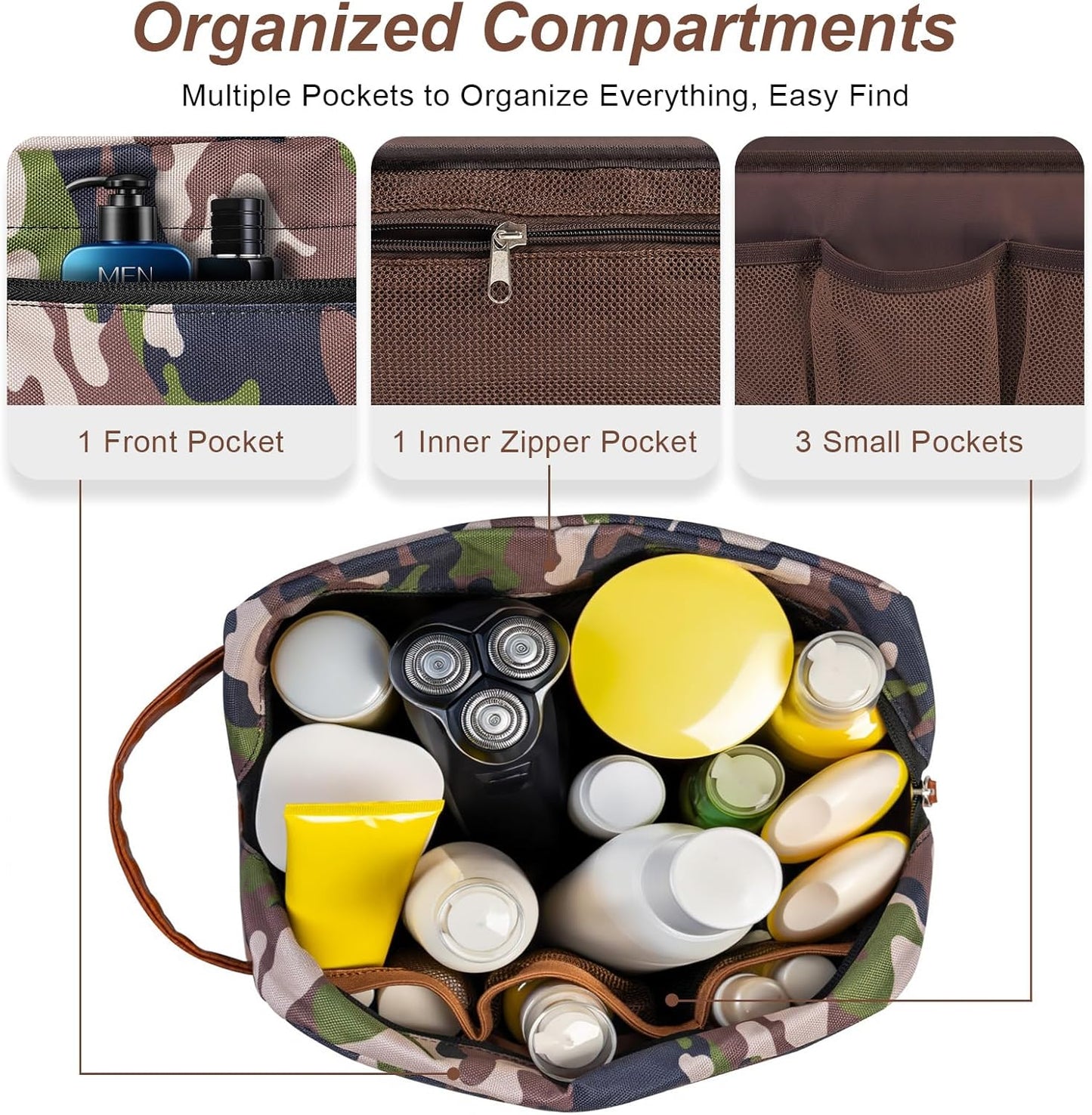 Travel Toiletry Bag for Men, Hanging Toiletry Organizer, Water Resistant Shaving Kit with Large Capacity for Travel Accessories (Camo-Bright Green, Medium)