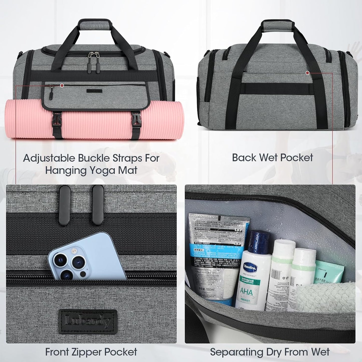 IGOLUMON Gym Bag for Men 55L Sports Duffel Bags Gym Duffle Bag Women with Shoe Compartment & Wet Pocket Water Resistant Travel Duffel Bag Lightweight Weekender Overnight Bag Gray