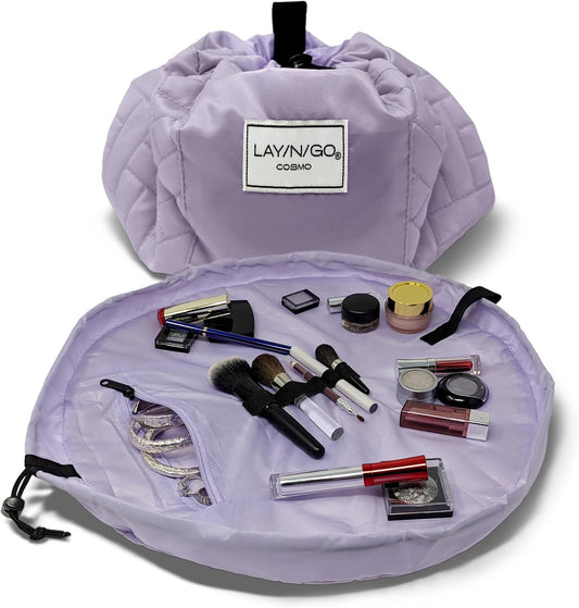 Lay-n-Go Cosmo Layflat Drawstring Cosmetic & Makeup Bag Organizer - Portable Drawstring Bag w/Zipper Pocket, Makeup Loops & More - Durable, Machine Washable Toiletry Bag for Travel (20", Quilted)