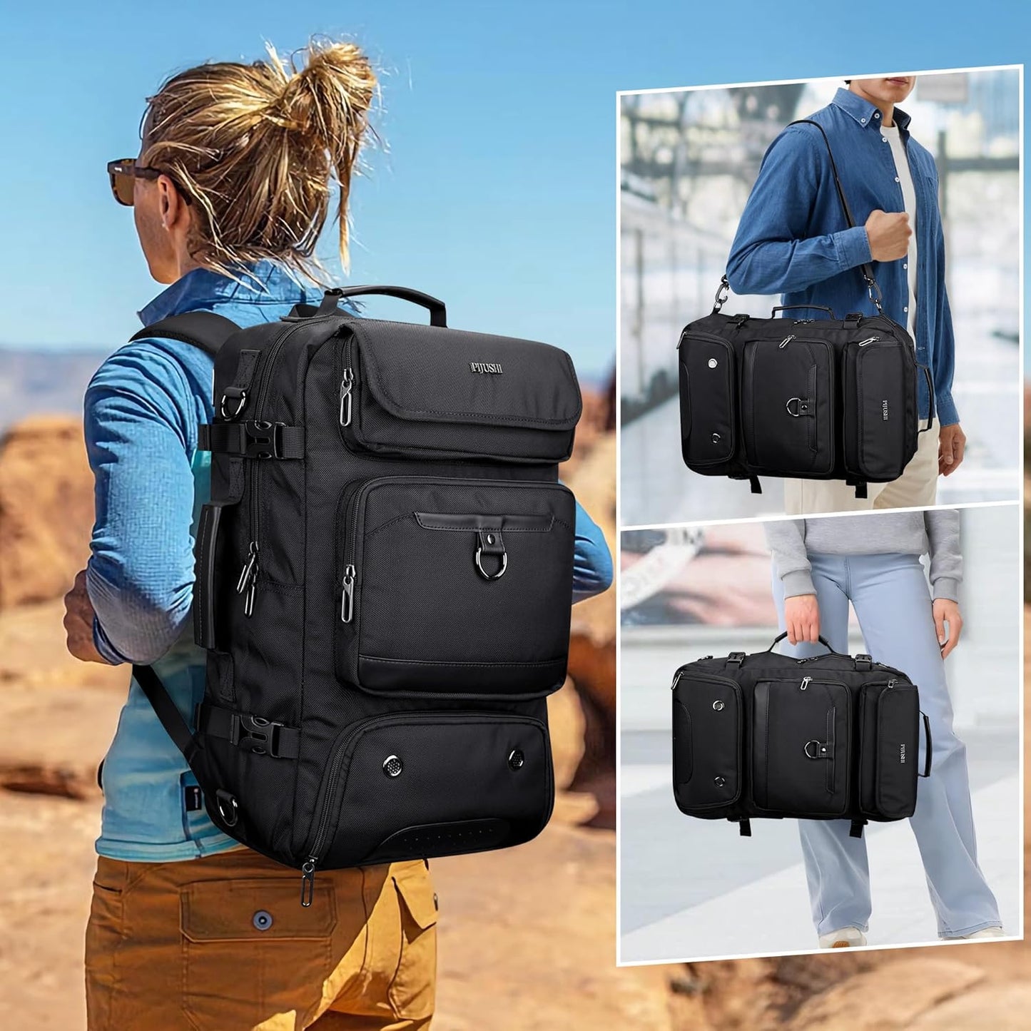 PIJUSHI Carry on Travel Backpack for Women Men Convertible Duffel Bag Backpack Large Luggage Rucksack Fit 16 Inch Laptop(PE039 Black)